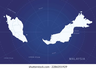 Mapa de Malasia - Mapa Mundial Mapa Internacional de la plantilla vectorial con alto color blanco y detallado, incluida la línea circular sobre el fondo azul para el diseño, infografía, sitio web - Ilustración vectorial eps 10
