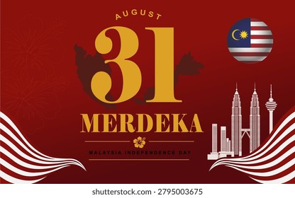 Malaysia Merdeka 31 August Independence Day Vector Banner. Elegant Malaysia Independence Day illustration featuring Merdeka typography, national flag, Petronas Towers skyline, and patriotic red background perfect for celebration banners, posters, and social media campaigns.