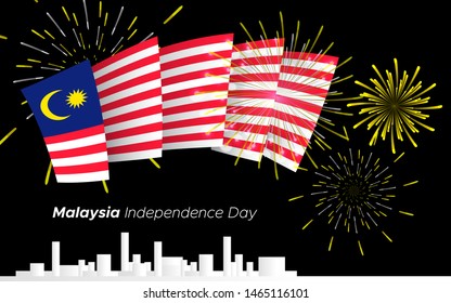 Malaysia merdeka Mector poster. National traditional holiday symbol. Malaysian Jalur Gemiland flag during 31th of August -  greeting card for independence day. Holiday fireworks on dark background