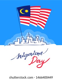 Malaysia Merdeka Vector poster. National traditional holiday symbol. Malaysian Jalur Gemiland flag during 31th of August -  greeting card for independence day