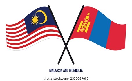 Banderas de Malasia y Mongolia Cruzadas y ondeando estilo plano. Proporción oficial. Colores correctos