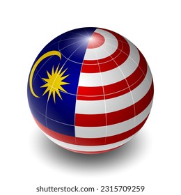 Malaysia (MY) (Malaysian) National Flag 2.5D Isometric View, Metallic Sphere Ball Globe Design, Flag Symbol Isolated on White Background