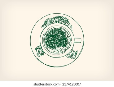 Malaysia Nanyang Traditional Coffee Cup with Saucer Top View Doodle