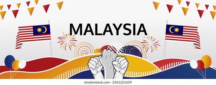 Malaysia National Day greeting banner concept. August 31st is celebrated as Malaysia Independence Day. Modern template backgrounds with flag and raised fist, great for national holiday poster.