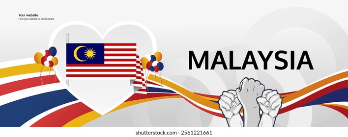 Malaysia National Day greeting banner concept. August 31st is celebrated as Malaysia Independence Day. Modern template backgrounds with flag and raised fist, great for national holiday poster.