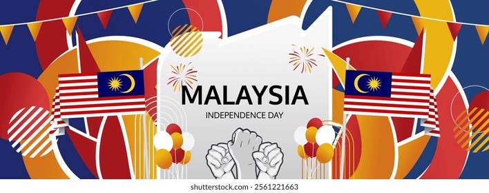 Malaysia National Day greeting banner concept. August 31st is celebrated as Malaysia Independence Day. Modern template backgrounds with flag and raised fist, great for national holiday poster.