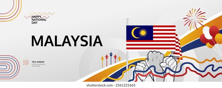 Malaysia National Day greeting banner concept. August 31st is celebrated as Malaysia Independence Day. Modern template backgrounds with flag and raised fist, great for national holiday poster.