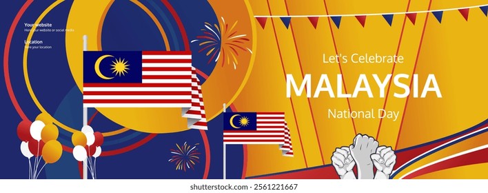 Malaysia National Day greeting banner concept. August 31st is celebrated as Malaysia Independence Day. Modern template backgrounds with flag and raised fist, great for national holiday poster.