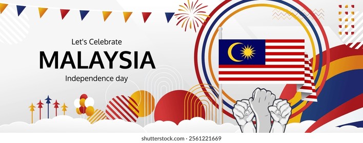 Malaysia National Day greeting banner concept. August 31st is celebrated as Malaysia Independence Day. Modern template backgrounds with flag and raised fist, great for national holiday poster.