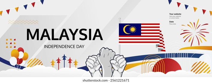 Malaysia National Day greeting banner concept. August 31st is celebrated as Malaysia Independence Day. Modern template backgrounds with flag and raised fist, great for national holiday poster.