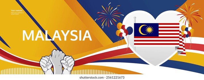 Malaysia National Day greeting banner concept. August 31st is celebrated as Malaysia Independence Day. Modern template backgrounds with flag and raised fist, great for national holiday poster.