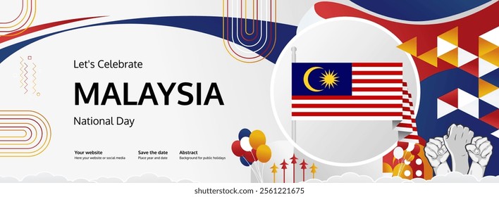 Malaysia National Day greeting banner concept. August 31st is celebrated as Malaysia Independence Day. Modern template backgrounds with flag and raised fist, great for national holiday poster.