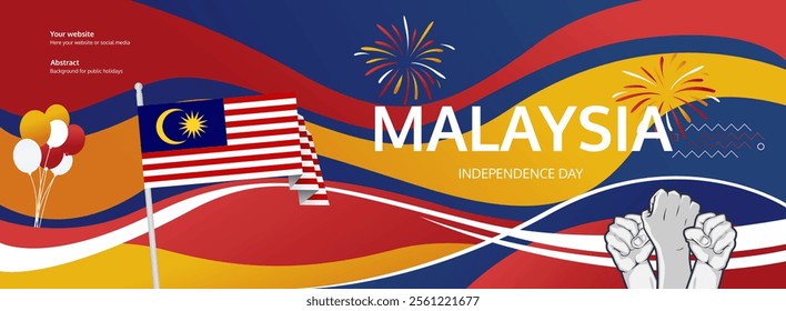 Malaysia National Day greeting banner concept. August 31st is celebrated as Malaysia Independence Day. Modern template backgrounds with flag and raised fist, great for national holiday poster.