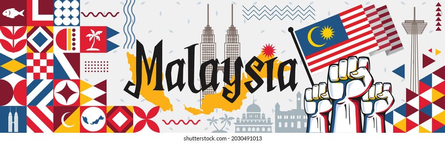 Malaysia National day or Hari Merdeka banner with retro abstract geometric shapes. Malaysian flag and map. Red blue scheme with raised hands or fists. Kuala Lumpur landmarks. Vector Illustration.