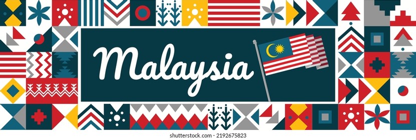 Malaysia National day or Hari Merdeka banner with retro abstract geometric shapes. Malaysian flag. Red blue scheme with traditional icons signs. Kuala Lumpur landmarks. Vector Illustration.