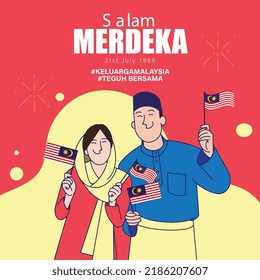 Malaysia National Day Instagram post. Modern design with Malaysian typography "Keluarga Malaysia, Teguh Bersama" with the translation in English: Malaysian Family, Stand Together. Vector illustration.