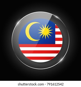 Malaysia national flag. Application Language Symbol. Country of manufacture icon. Round glossy isolated vector icon with national flag button on glow background. Symbol of nation for infographics, web
