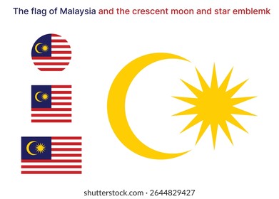 
Bandeira Nacional da Malásia com Crescente Separado e Emblemas Estrelas de 14 Pontas - Projetado em Retângulo, Quadrado e Formas de Círculo - Fundo Transparente.