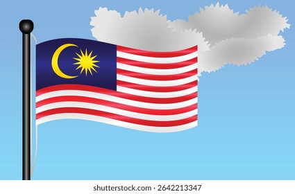 Malaysia national flag waving against a bright blue sky. representing national pride, unity, and heritage in Asia with its vibrant colors and iconic design. Patriotic symbol of identity or pride
