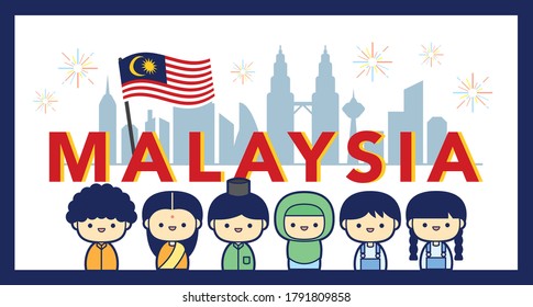 Malaysia National / Independence Day illustration with 3 race cute character Malay, Indian & Chinese kids. 31 August, Merdeka.