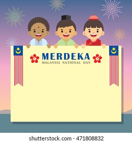 Malaysia National / Independence Day illustration message board. Cute cartoon character kids of Malay, Indian & Chinese with Malaysia flag on colourful fireworks background. 