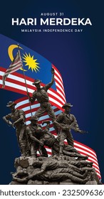 Malaysia national monument with giant Malaysia flag, Malaysia Independent Day, artwork, print, social media post or post story, vector illustration (Vector)