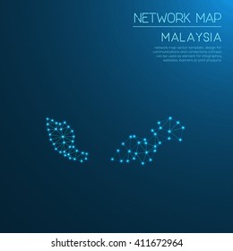 Malaysia network map. Abstract polygonal Malaysia network map design with glowing dots and lines. Map of Malaysia networks. Vector illustration.