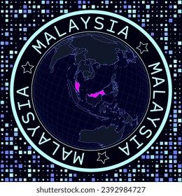 Malaysia on globe vector. Futuristic satelite view of the world centered to Malaysia. Geographical illustration with shape of country and squares background. Bright neon colors on dark background.