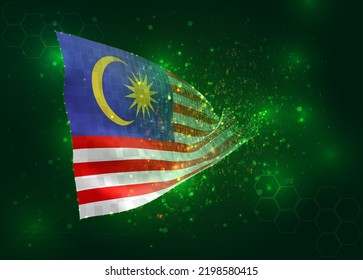 Malaysia, on vector 3d flag on green background with polygons and data numbers