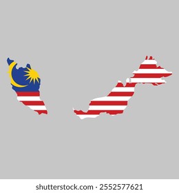 Malaysia outline of map on background of national flag