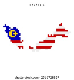 Malaysia pixel flag map icon. 8 bit pixel art Malaysian map covered with flag. Flat vector illustration isolated on white background.