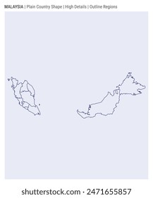 Malaysia plain country map. High Details. Outline Regions style. Shape of Malaysia. Vector illustration.