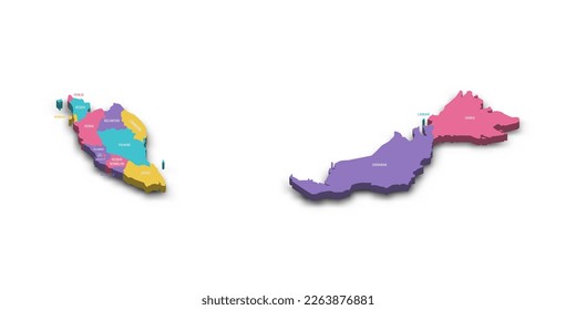 Malaysia political map of administrative divisions - states and federal territories. Colorful 3D vector map with dropped shadow and country name labels.