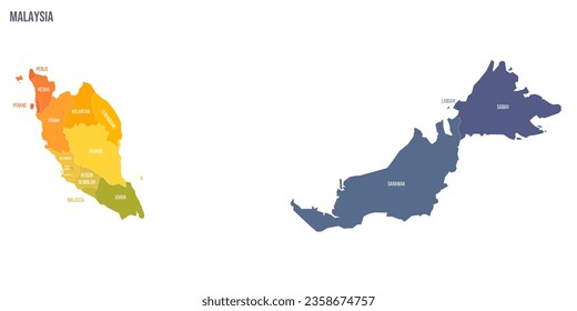 Malaysia political map of administrative divisions - states and federal territories. Colorful spectrum political map with labels and country name.