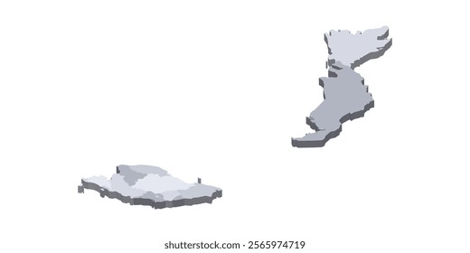 Malaysia political map of administrative divisions - states and federal territories. 3D isometric blank vector map in shades of grey.