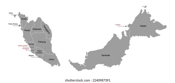 Malaysia Political Map with Border Vector Illustration