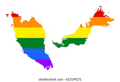 Malaysia pride gay map vector, with rainbow flag colors. Asian country. 