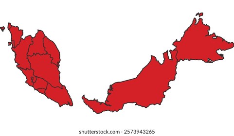 Malaysia red map with border of regions outline vector