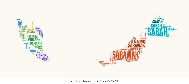 Malaysia regions word cloud. Country logo design. Regions typography style vector image. Malaysia colored text cloud. Modern vector illustration.