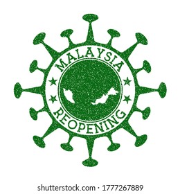 Malaysia Reopening Stamp. Green round badge of country with map of Malaysia. Country opening after lockdown. Vector illustration.