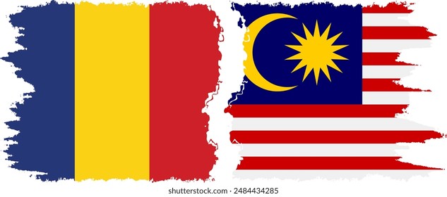 Malaysia and Romania grunge flags connection, vector