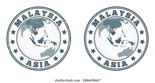 Logo de la ronda de Malasia. Bandas circulares de un país con un mapa de Malasia en contexto mundial. Sellos de país simples y texturados. Ilustración vectorial.