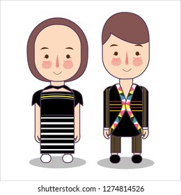 Malaysia Rungus Sabah bride and groom cartoon wedding. traditional national clothes. Set of cartoon characters in traditional costume. Illustration vector flat.