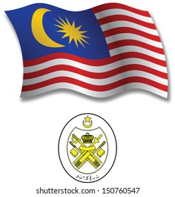 malaysia shadowed textured wavy flag and coat of arms against white background, vector art illustration, image contains transparency transparency
