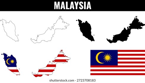 Malaysia shapes set featuring the flag with maps in various designs
