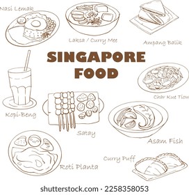 MALAYSIA SINGAPORE LOCAL FOOD CURRY PUFF NASI LEMAK KOPI SATAY IKAN BAKAR CHICKEN RICE ROTI CANAI HAND DRAWN 