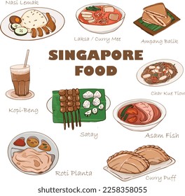 MALASIA SINGAPUR CURRY LOCAL DE COMIDA PUFF NASI LEMAK KOPI SATAY IKAN BAKAR ARROZ DE POLLO ROTI CANAI DIBUJADO A MANO 