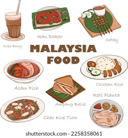 MALAYSIA SINGAPORE LOCAL FOOD CURRY PUFF NASI LEMAK KOPI SATAY IKAN BAKAR CHICKEN RICE ROTI CANAI HAND DRAWN 