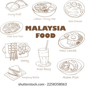 MALAYSIA SINGAPORE LOCAL FOOD CURRY PUFF NASI LEMAK KOPI SATAY IKAN BAKAR CHICKEN RICE ROTI CANAI HAND DRAWN 