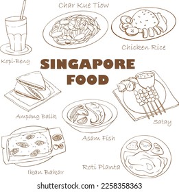 MALAYSIA SINGAPORE LOCAL FOOD CURRY PUFF NASI LEMAK KOPI SATAY IKAN BAKAR CHICKEN RICE ROTI CANAI HAND DRAWN 